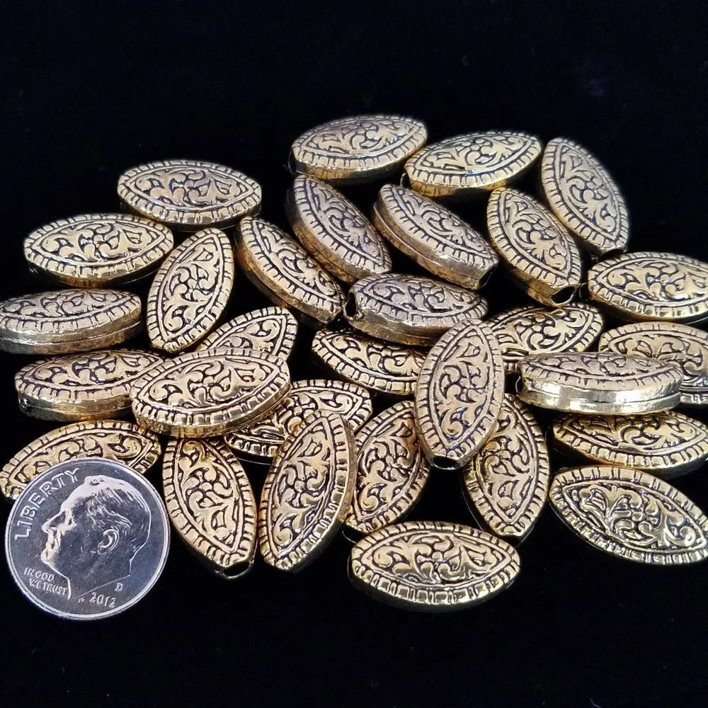 25 Metalized BEADS plastic brass almond DIY crafts jewelrymaking oxidized new